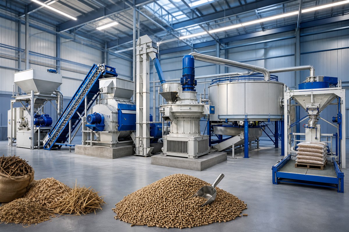 Biomass pellet production line with pelletizing and packing equipment
