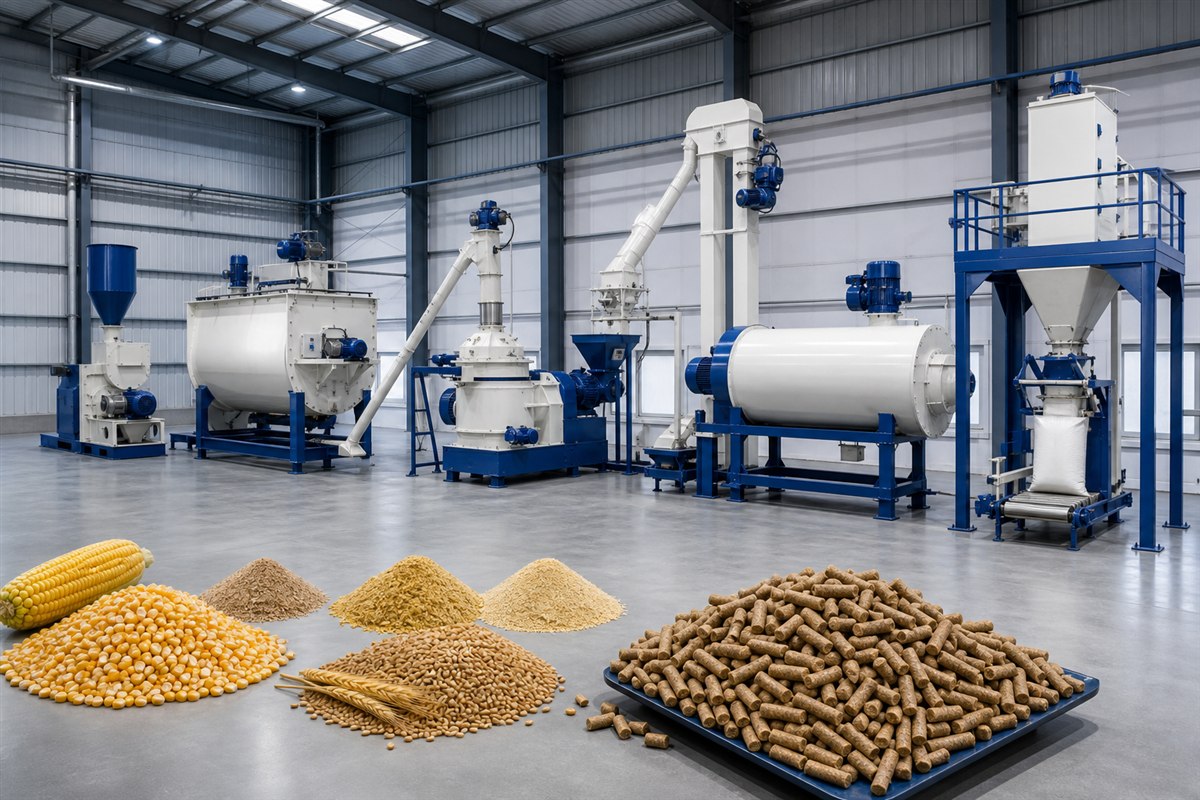 Cattle feed production line with mixing, pelletizing and packing equipment