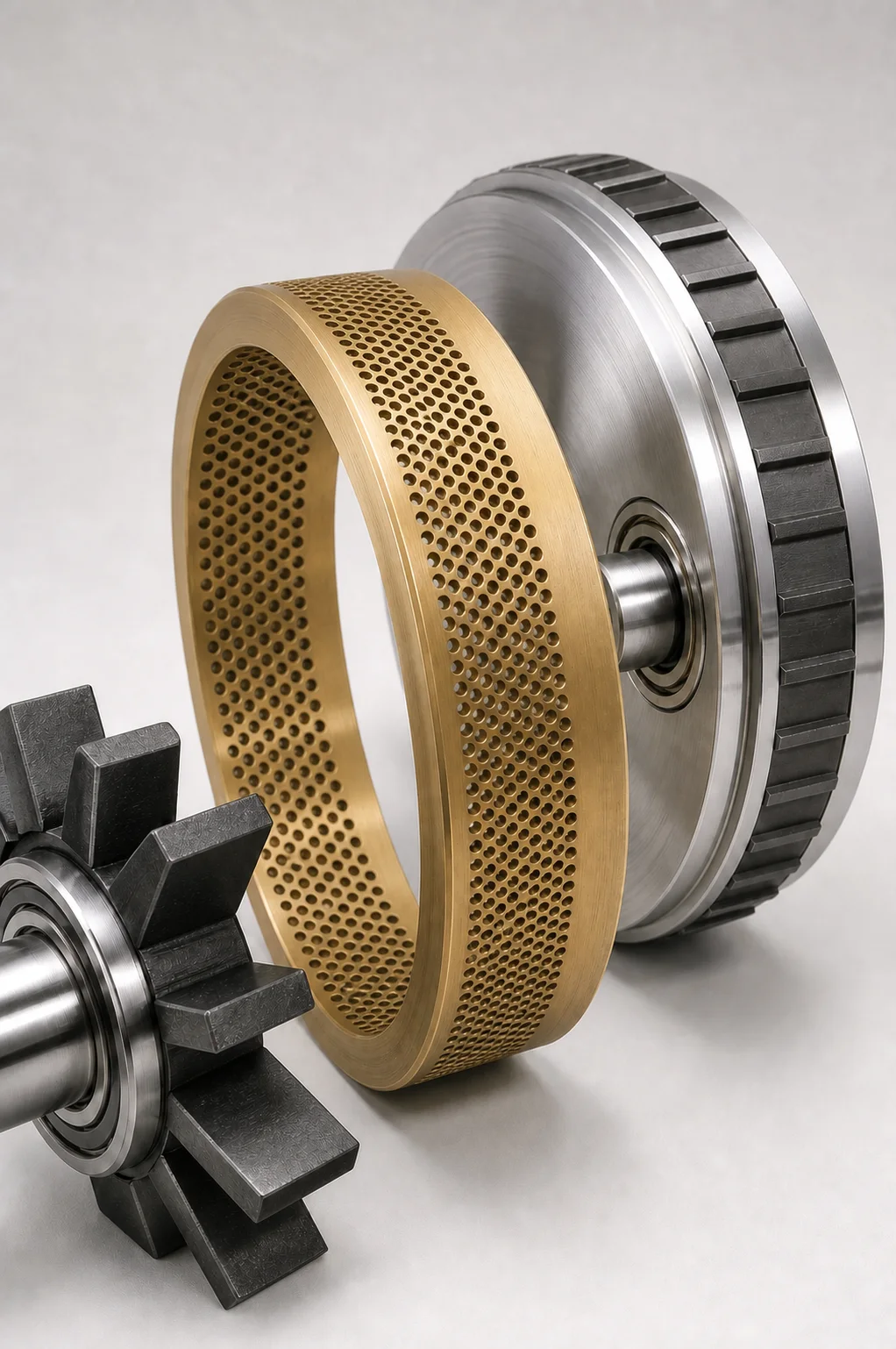 Yulong pellet mill ring die with through holes, roller assemblies, bearings and hammer mill blades